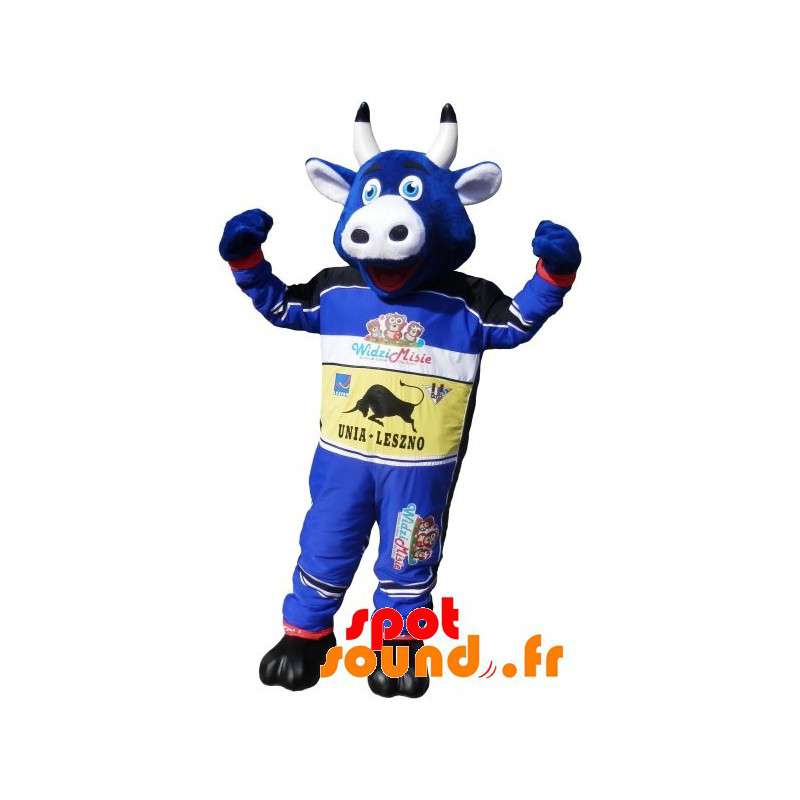 Blå ko maskot klædt i racing circuit outfit - Spotsound maskot