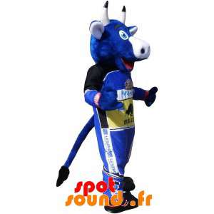 Blå ko maskot klædt i racing circuit outfit - Spotsound maskot