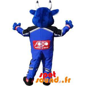 Blå ko maskot klædt i racing circuit outfit - Spotsound maskot