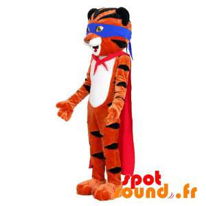 Orange og sort tiger maskot med pandebånd og kappe - Spotsound