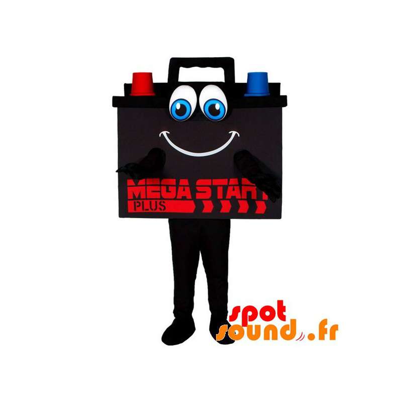 Kæmpe bilbatteri maskot, sort, blå og rød - Spotsound maskot Kæmpe bilbatteri maskot, sort, blå og rød - Spotsound maskot