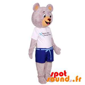 Stor grå nallebjörnmaskot klädd i sommardräkt - Spotsound maskot
