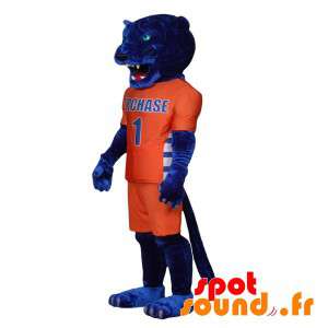 Blå tigermaskot i orange sportkläder - Spotsound maskot