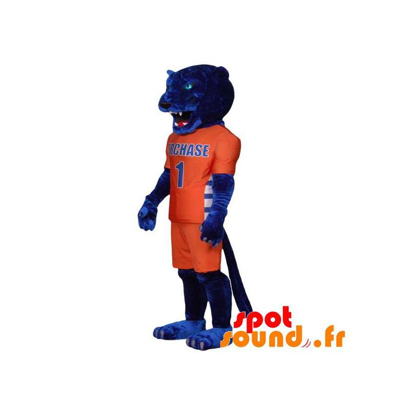 Blå tigermaskot i orange sportkläder - Spotsound maskot