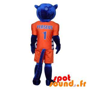 Blå tiger maskot i orange sportstøj - Spotsound maskot