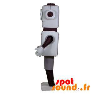 Grå og sort robotmaskot med store blå øjne - Spotsound maskot