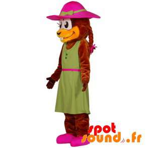 Beaver maskot klædt i en kjole med hat - Spotsound maskot