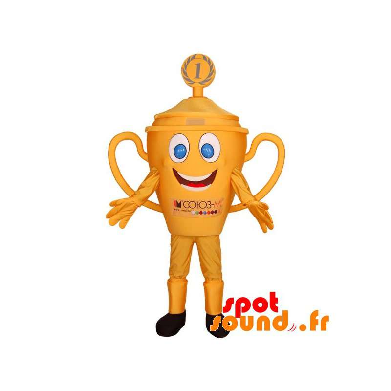 Gul trofæ maskot med blå øjne. Kopmaskot - Spotsound maskot