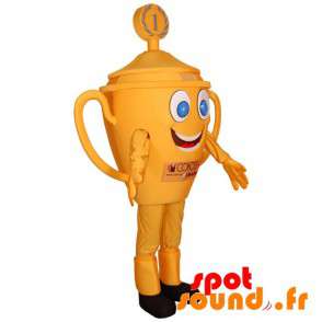 Gul trofæ maskot med blå øjne. Kopmaskot - Spotsound maskot