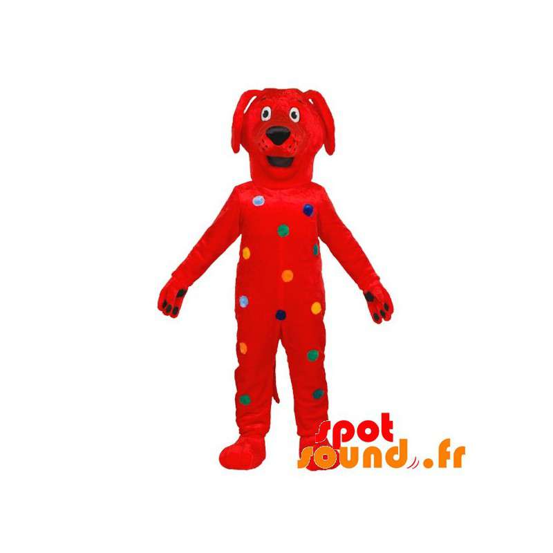 Röd hundmaskot med färgglada prickar - Spotsound maskot