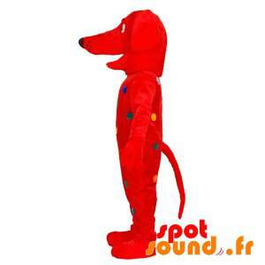 Röd hundmaskot med färgglada prickar - Spotsound maskot