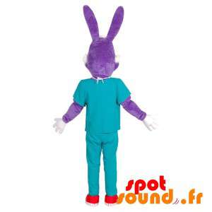 Purpurfärgad kaninmaskot klädd som en kirurg. - Spotsound maskot