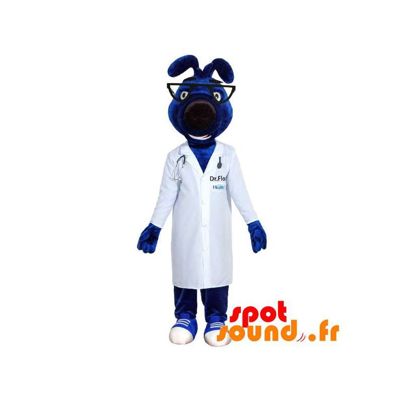 Blå hundmaskot med en doktors kappa - Spotsound maskot