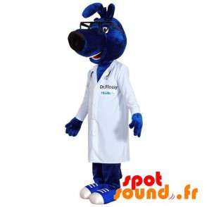 Blå hundmaskot med en doktors kappa - Spotsound maskot