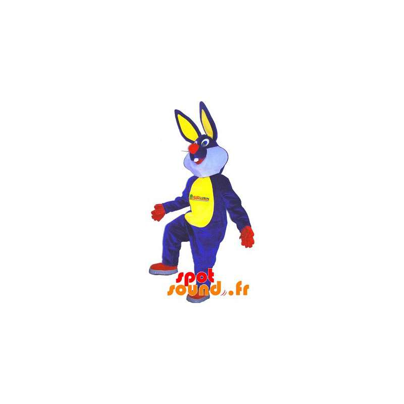 Blå, gul, röd och vit kaninmaskot - Spotsound maskot