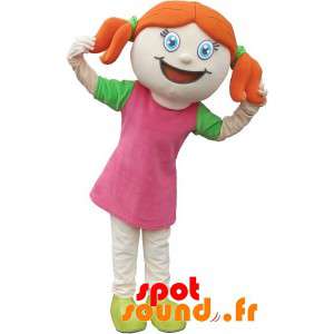 Rødhåret pige maskot klædt i lyserød med dyner - Spotsound