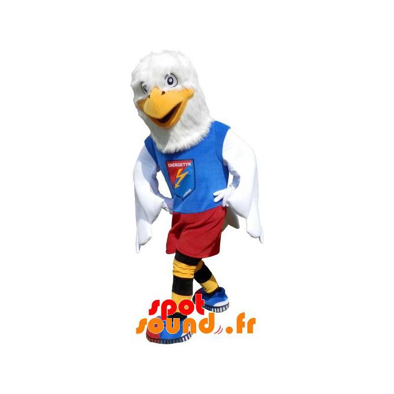 Eagle maskot klædt i et sportsudstyr. Fuglemaskot - Spotsound