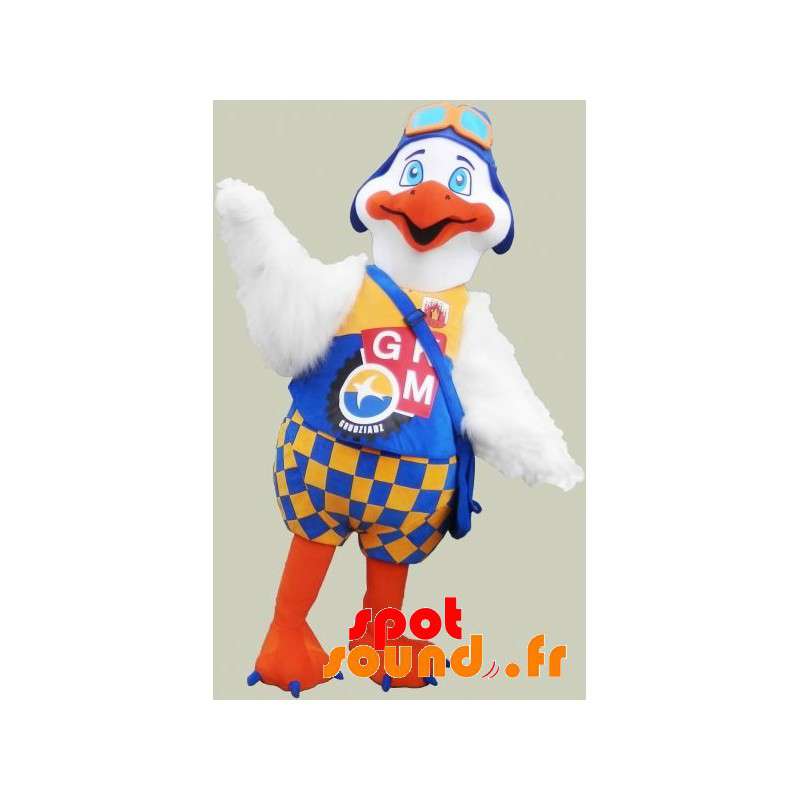 Mascot stor hvid og orange fugl med et farverigt tøj -