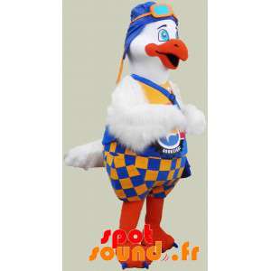 Maskott stor vit och orange fågel med en färgglad outfit -