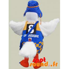 Mascot stor hvid og orange fugl med et farverigt tøj -
