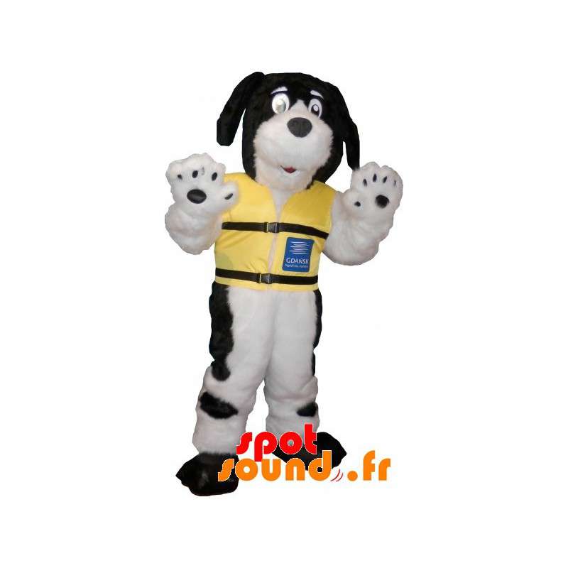 犬マスコット の 黄色のベストと犬マスコットヘアリー白黒