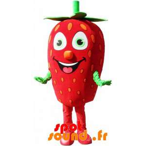 Mascot morango gigante. vermelho da mascote e frutos verdes