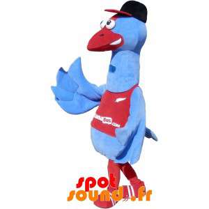 Blå fuglemaskot i sportstøj. Stork maskot - Spotsound maskot