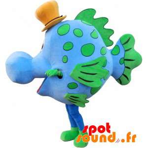 Blå och grön fiskmaskot med hatt - Spotsound maskot