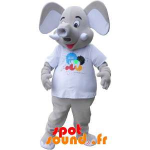 Kæmpe grå elefant maskot iført en hvid t-shirt - Spotsound