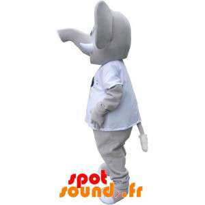 Jätte grå elefantmaskot, iklädd en vit t-shirt - Spotsound