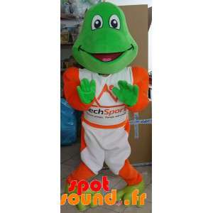 白とオレンジ色の服を着て緑のカエルのマスコット