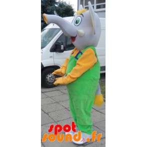 Grå och gul elefantmaskot klädd i overaller - Spotsound maskot