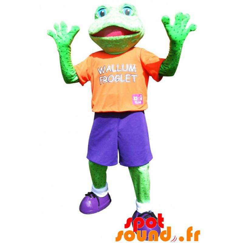 カエルのマスコット の スポーツのカラフルな服に身を包んだ緑のカエルのマスコット 色変更 変化なし 切る L 180 190センチ 撮影に最適 番号 服とは 写真にある場合 番号 付属品 番号