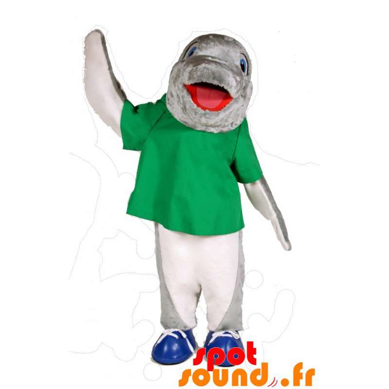 Grå och vit delfinmaskot med en grön t-shirt - Spotsound maskot