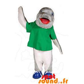 Grå og hvid delfin maskot med en grøn t-shirt - Spotsound maskot