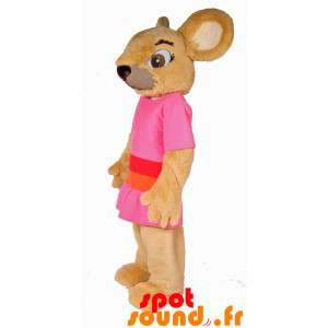 Maskot beige mus, gnaver klædt i lyserødt tøj - Spotsound maskot
