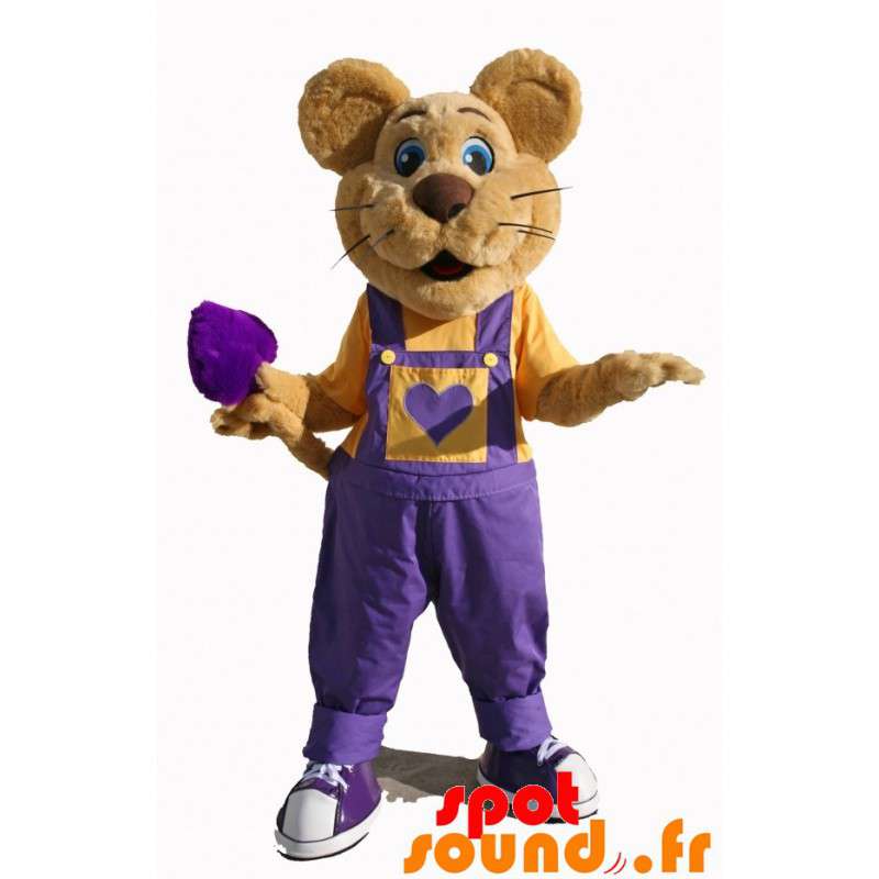 Brun musmaskot med lila overaller - Spotsound maskot Brun musmaskot med lila overaller - Spotsound maskot