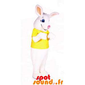 Vit kaninmaskot klädd i en gul t-shirt - Spotsound maskot