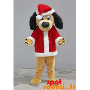 Beige hund maskot kledd i...