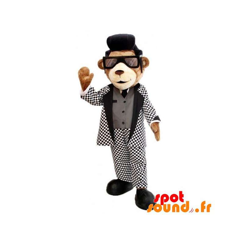 Brun teddy maskot med et flot sort / hvidt kostume - Spotsound