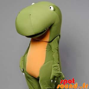 Grøn og gul dinosaur maskot, imponerende og sjov - Spotsound