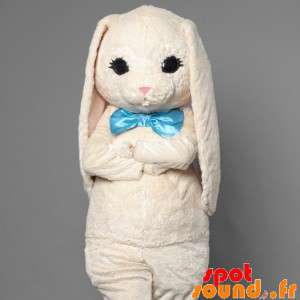 Hvid kaninmaskot med blå slips - Spotsound maskot