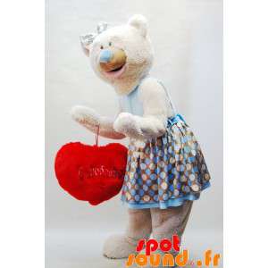 Beige bamse maskot med kjole og rødt hjerte - Spotsound maskot