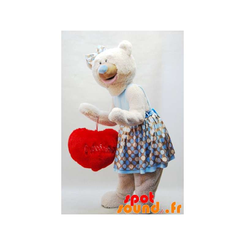 Beige bamse maskot med kjole og rødt hjerte - Spotsound maskot