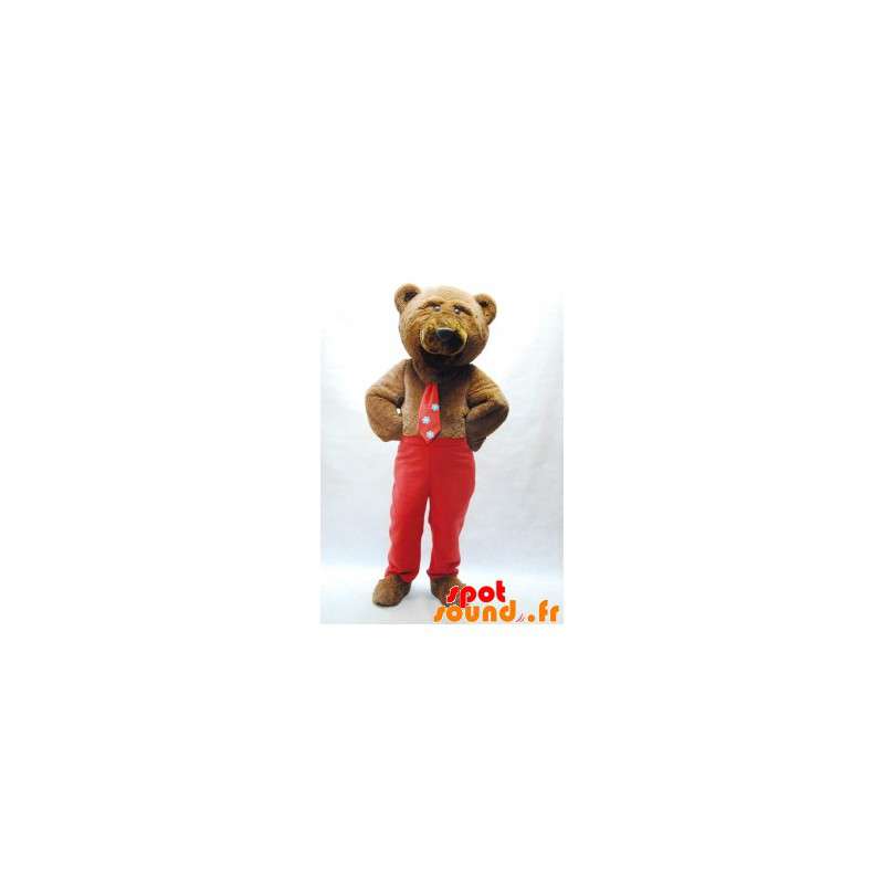 Brun björnmaskot med slips och röda byxor - Spotsound maskot