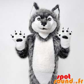 Grå och vit vargmaskot. Wolf dog maskot - Spotsound maskot