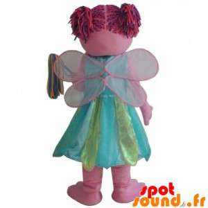 Rosa fe maskot, leende med en färgglad klänning - Spotsound