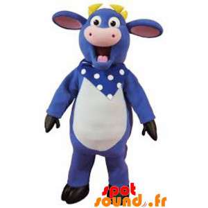 Mascot blauwe koe, roze en...