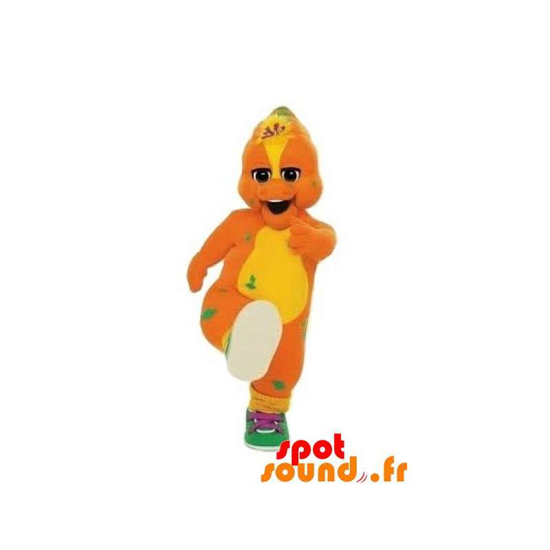 Orange och gul dinosaurie-maskot med sneakers - Spotsound maskot