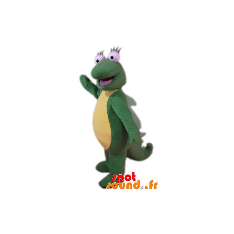 Kæmpe og sjov grøn og gul dinosaur maskot - Spotsound maskot